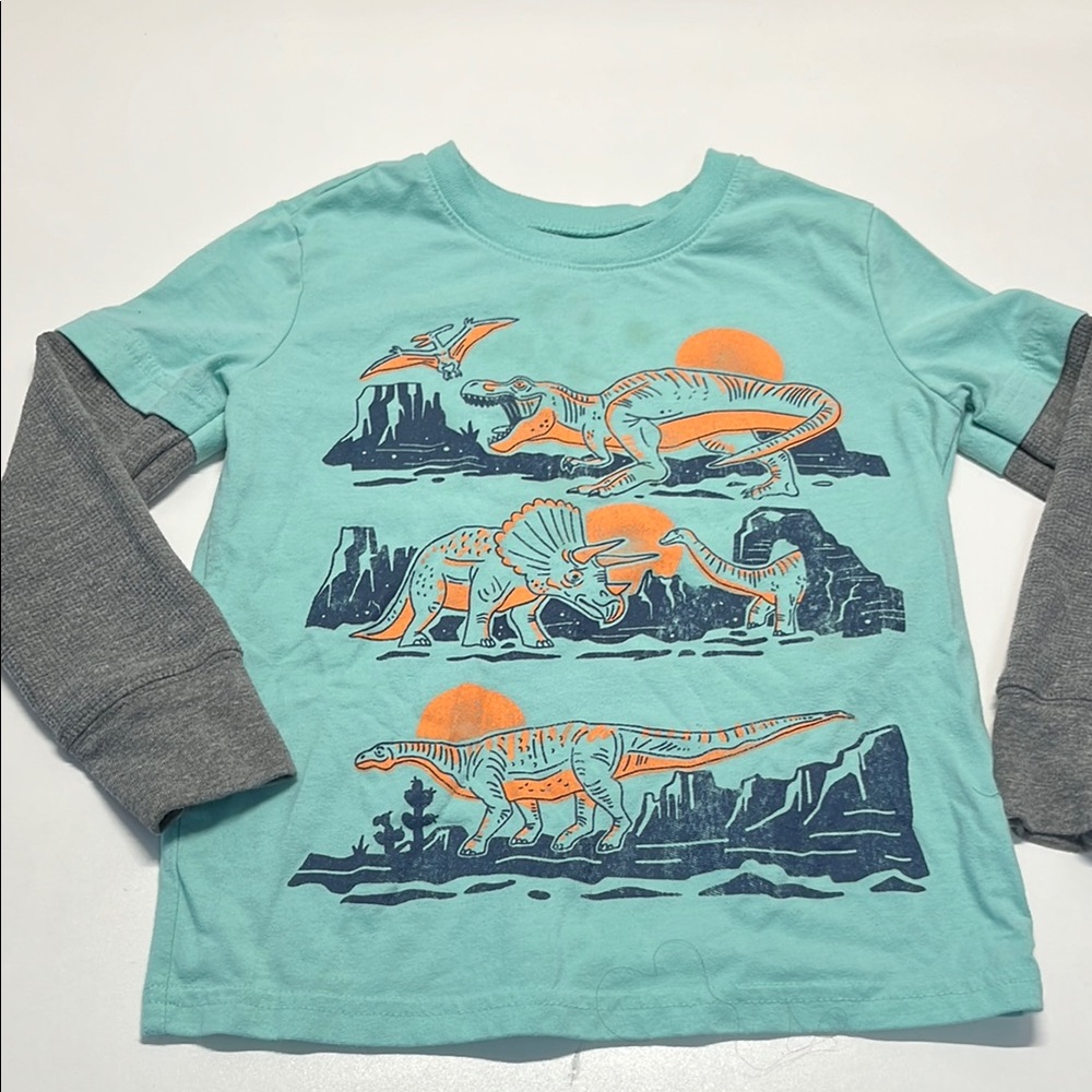 Blue and Gray Long Sleeve Tee with Dinosaur Print